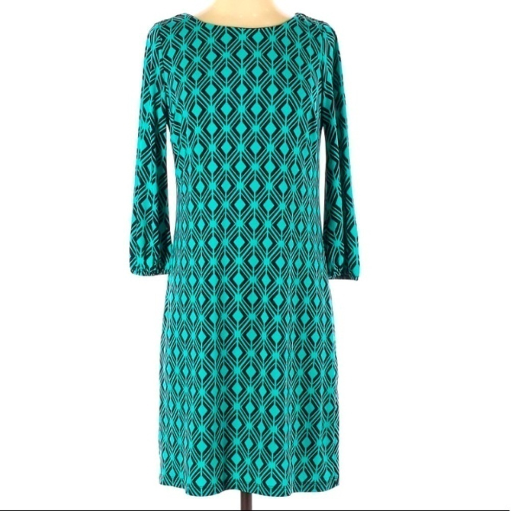 Donna Ricco New York long sleeve shift dress green print women’s 6 medium teal
